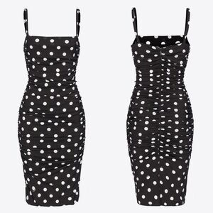 Pinko longuette ruched bold black white polka dot dress party trendy flattering